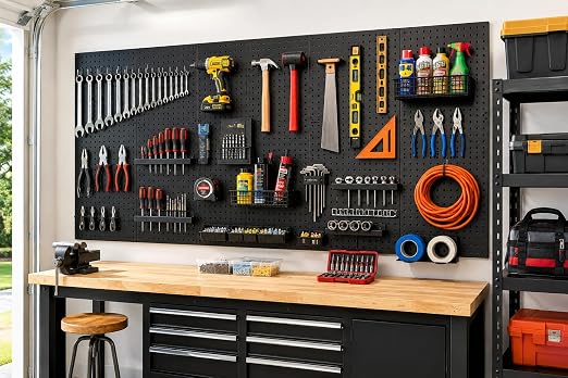 WallPeg Pegboard Panels Garage Organization - 12 ea (24"x16") Black Peg Board Panel Set - (PB-1-B) Tool Organizer, Crafts, Shop, Home, Office, Wall Storage Kit