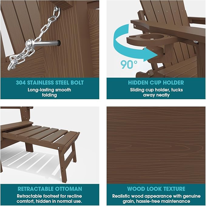 THOEOE Folding Adjustable Adirondack Chairs with Ottoman & 1 Cup Holders Set of 4, HDEP Multifunctional Adirondack Chair with Footrest,Brown