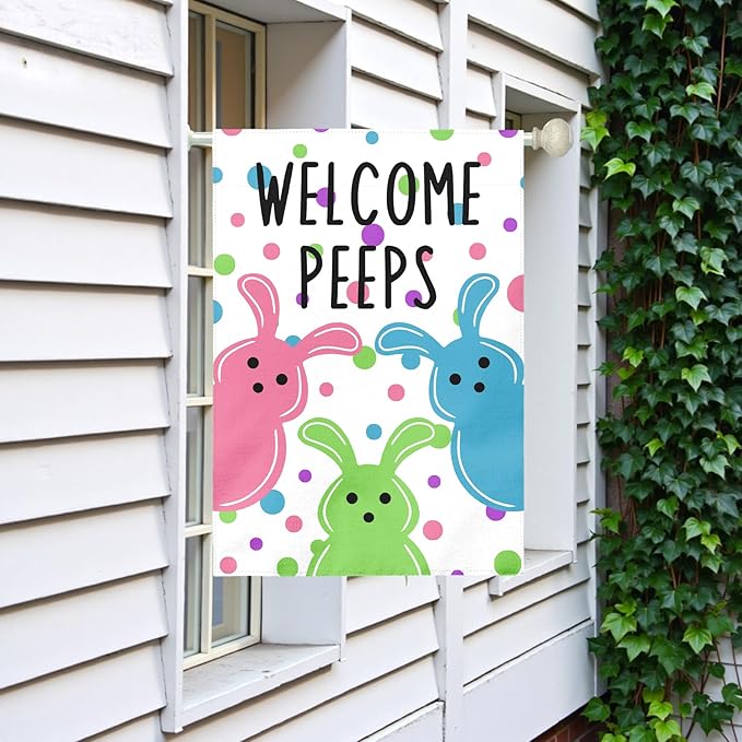 Large Easter House Flag 28x40 Inch Double Sided Welcome Peeps Bunny Flag Colorful Spring Yard Flag Outdoor Porch Cute Rabbit and Egg Pattern Farmhouse Easter Garden Banner for Home Patio Lawn