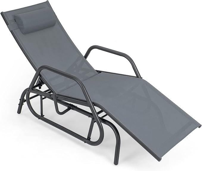 Tangkula Outdoor Glider Recliner Chair, Adjustable Backrest Patio Gliding Lounger Chair with Armrests and Pillow, Outdoor Swinging Rocking Chair with Breathable Fabric for Poolside, Backyard (1, Grey)