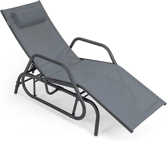 Tangkula Outdoor Glider Recliner Chair, Adjustable Backrest Patio Gliding Lounger Chair with Armrests and Pillow, Outdoor Swinging Rocking Chair with Breathable Fabric for Poolside, Backyard (1, Grey)