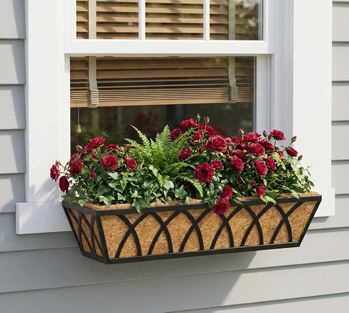Y&M Hanging Railing Planter Boxes 2 Pack, 24 Inch Adjustable Balcony & Deck Planter, Heavy Duty Metal Flower Box for Porch, Fence & Window, Outdoor Plant Holder