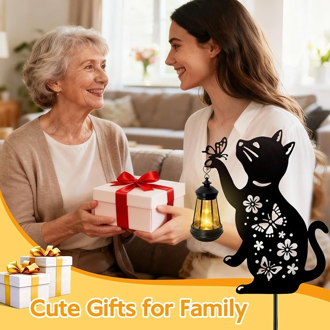 ANGMLN Cat Solar Lights Outdoor, Black Cat Hanging Lantern Waterproof, Cat Lover Gifts for Women Mom Birthday Mother's Day, Metal Garden Statue Yard Decor Patio Pathway Backyard Lawn Ornaments