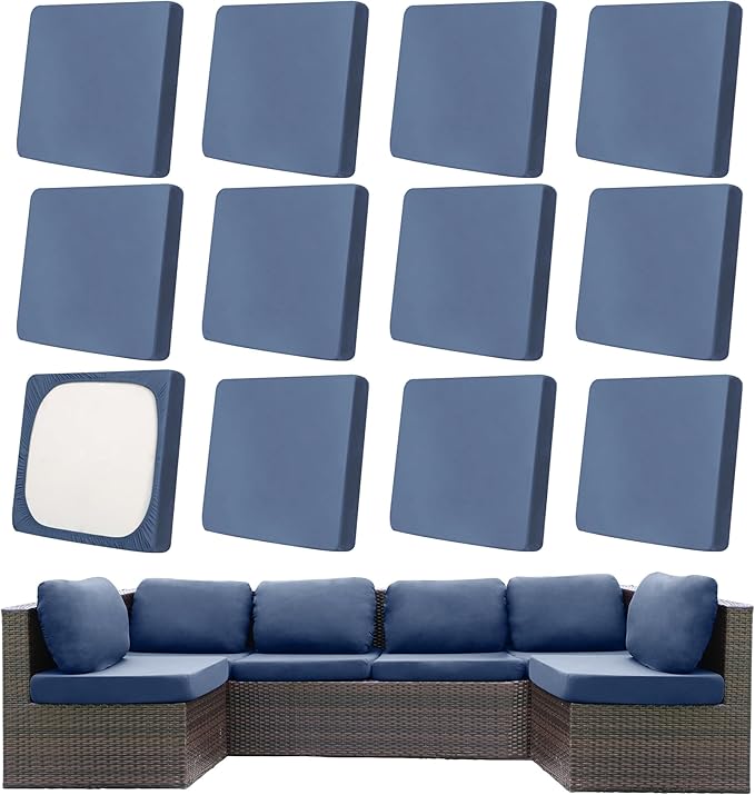 12Pcs Patio Cushion Covers,Outdoor Cushions Covers,Stretch Cushion Covers Replacement, Washable and Reusable Furniture Protectors(Grey Blue)