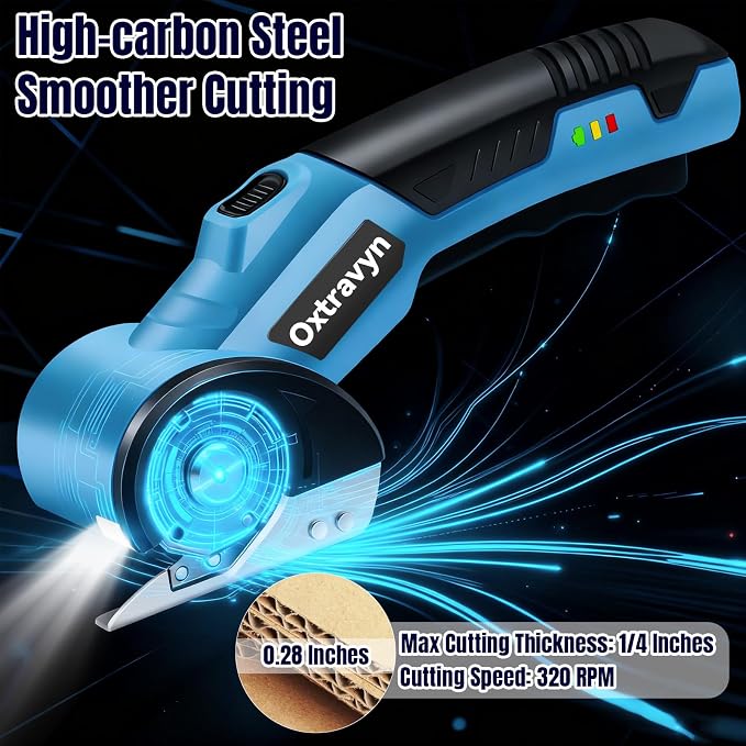 Electric Scissors, Box Cutter, Cardboard Cutter, Cordless Electric Scissors, 320RPM Rotary Cutter, 3000mAh Battery, LED Light, 2 Blades, Electric Box Cutter for Fabric Carpet Carton Plastic Leather