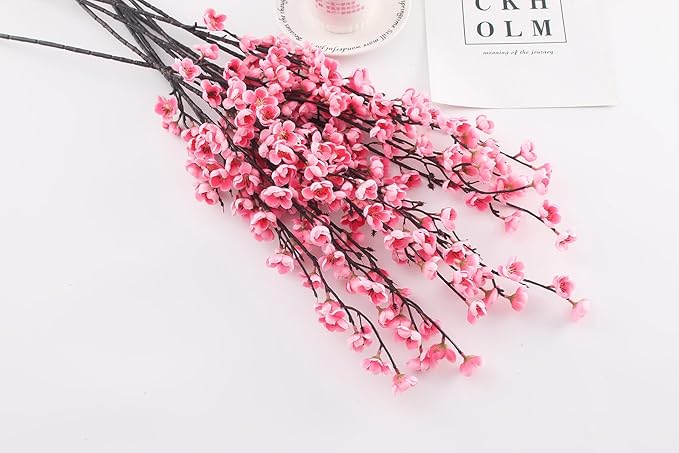 5 Pcs Artificial Plum Blossom Fake Wintersweet Long Stem Plastic Flowers Home Hotel Office Wedding Party Garden Decor 27.5'' High Pink