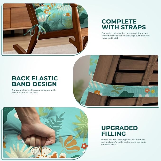 Adirondack Chair Cushion Waterproof Indoor Outdoor Rocking Chair Cushion 44 Inches Patio High Back Chair Cushions Thickened Adirondack Rocking Chair Cushions with Ties, Cyan Flower Leaves