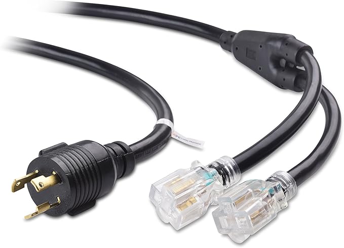 Cable Matters LED-Lit 3 Prong 30 Amp to 15 Amp Adapter for Generator (30A to 110 Adapter Splitter) 3 Feet - NEMA L5-30P to 2X 5-20R