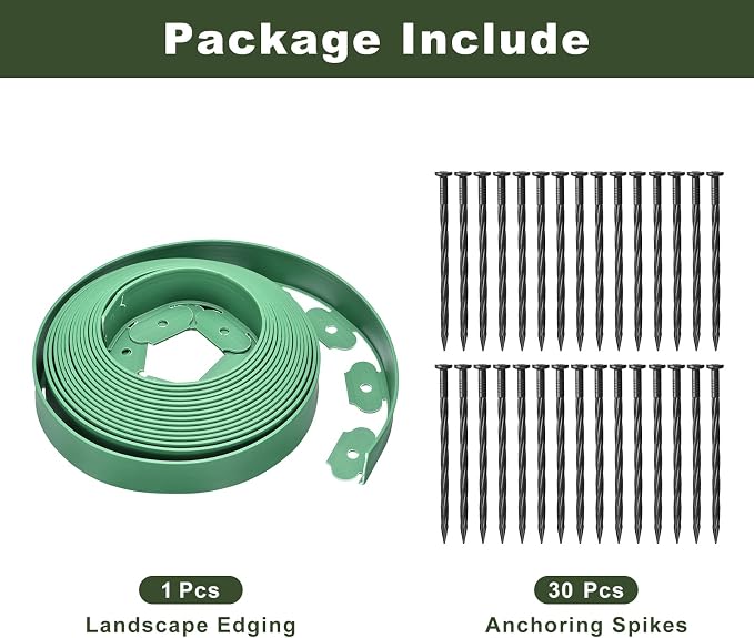 uxcell Landscape Edging, 1Pcs 33FT x 2" - Garden Edging Kit with 30 Stakes, Landscape Edging Border for Garden Lawn Flower Bed Yard Grass (Green)