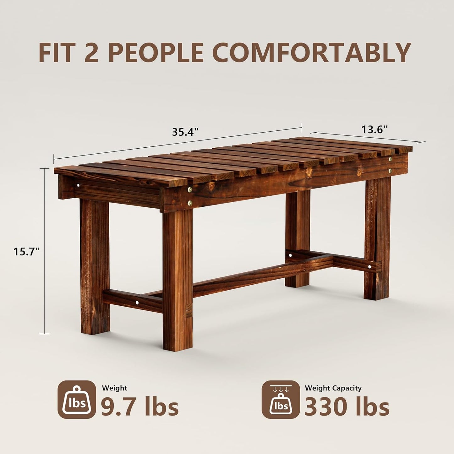 35.5" Outdoor Garden Bench, Weatherproof Patio Benches 2-Person Seat Backless Wooden Porch Bench, Multifunctional Slat All Weather Bench for Garden Lawn Porch Park Backyard (Carbonized Brown)