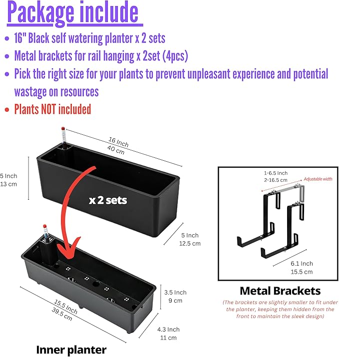 LaLaGreen Railing Planter Boxes (16 Inch, 2 Pack) Black Rectangular Plastic Window Box Planters with Self-Watering System Metal Brackets, Outdoor Plants Herbs Flowers Deck Balcony Fence Garden Decor