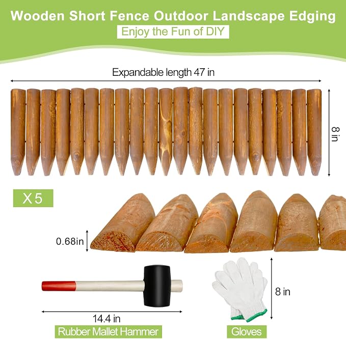 Hicarer 5 Pcs Wood Garden Edging Fence Border, 8" H x 47" L for Each, Wooden Solid Log Landscape Border, Short Decorative Flower Bed Barriers with Gloves & Hammer for Tree Lawn Yard(Light Wood Color)