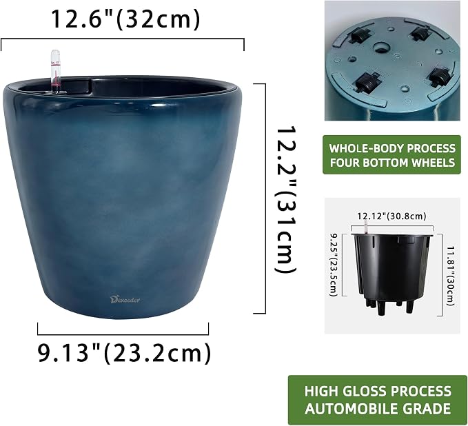 Dexceder 13x12 Self Watering Planter with Wheels (Grayish Green Gradient) | Inner Pot Design, Thickened Large Floor Standing Flower Plant Pot with Water Level Indicator Indoor Outdoor