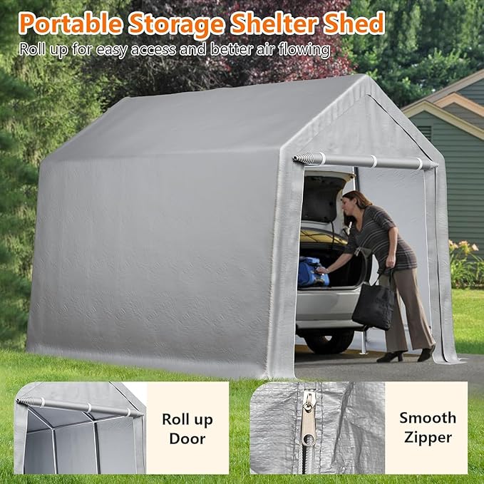Carport 8x14 ft Heavy Duty Portable Garage, Car Canopy with Removable Doors, Portable Shed Car Shelter, All-Season Tarp for Boat Truck Motorcycle