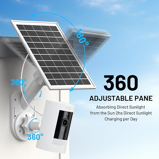 Solar Panel and 2-in-1 Wall Mount for Ring Cam, 6W Solar Charger Compatible with R-ing Spotlight Pro/Plus & Stick Up Cam Battery Models, Weatherproof Cable with USB-C and Ring Barrel Plug
