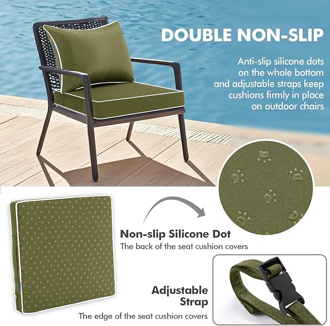 MIULEE Dark Green Outdoor Seat Cushion 24x24 Inch Waterproof & 3 Year Fade Resistant Dark Seat and Back Cushion for Patio Furniture Chair Sofa Couch with Handle and Adjustable Straps