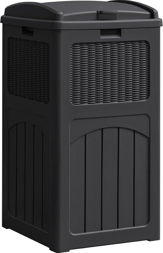 YESHOMY 33 Gallon Resin Outdoor Trash Can with Lid, Hideaway Waterproof Patio Garbage Bin, Black