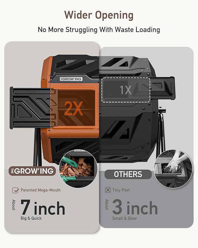 THEGROW'ING 43 Gallon Dual Chamber Compost Bin with Built-in Nuts, Outdoor Rotating Composter Tumbler for Garden Backyard, Orange