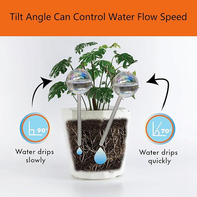 Glass Plant Watering Globes, Water Plants While Away Slow Self Watering Planter Insert Bulbs for Outdoor Indoor Plants, Vacation Plant Watering System Devices (Iridescent Medium 2-Pack)