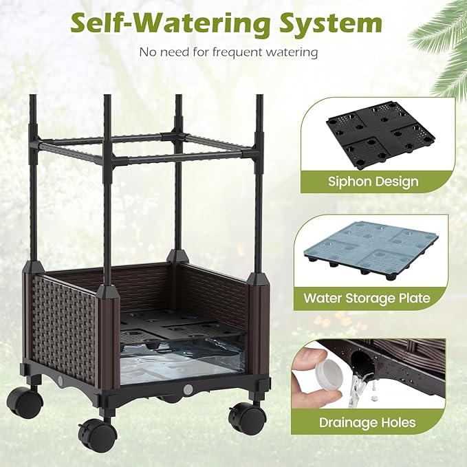 HAPPYGRILL Raised Garden Bed with Trellis, 83”H Self-Watering Tomato Cages, Adjustable Height, Indoor Outdoor Obelisk Planter Box w/Trellis & Wheels for Climbing Plants Vines Fruits