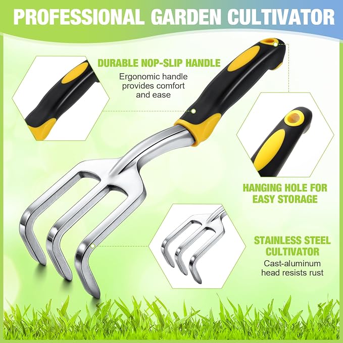 Yaocom 12 Pcs Hand Rake Garden Tool Mini Rake Heavy Duty Garden Cultivator 11 Inches Small Rake for Gardening Aluminum Alloy Hand Tiller with Soft TPR Handle for Digging Weeding Loosening Soil