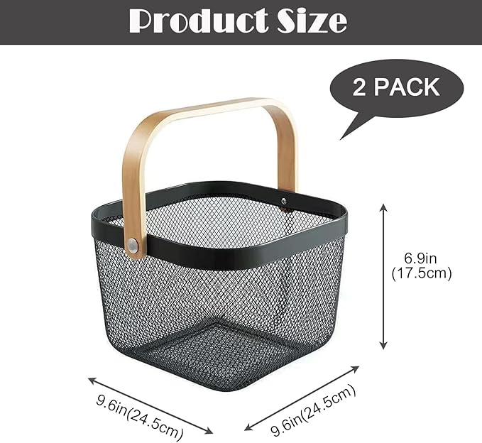2 Pack Metal Picnic Baskets,Garden Basket,Metal Mesh Garden Harvest Basket with Foldable Wooden Handle,Storage Organizer Basket Hanging Kitchen Baskets Fruit Basket
