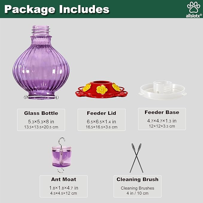 Glass Hummingbird Feeder for Outdoors Hanging, 38 oz Nectar Capacity, 6 Feeding Ports, Leak-Proof Rust-Free Plastic Base, Easy to Refill & Clean, Decorative Purple Glass Bird Feeder for Garden Patio