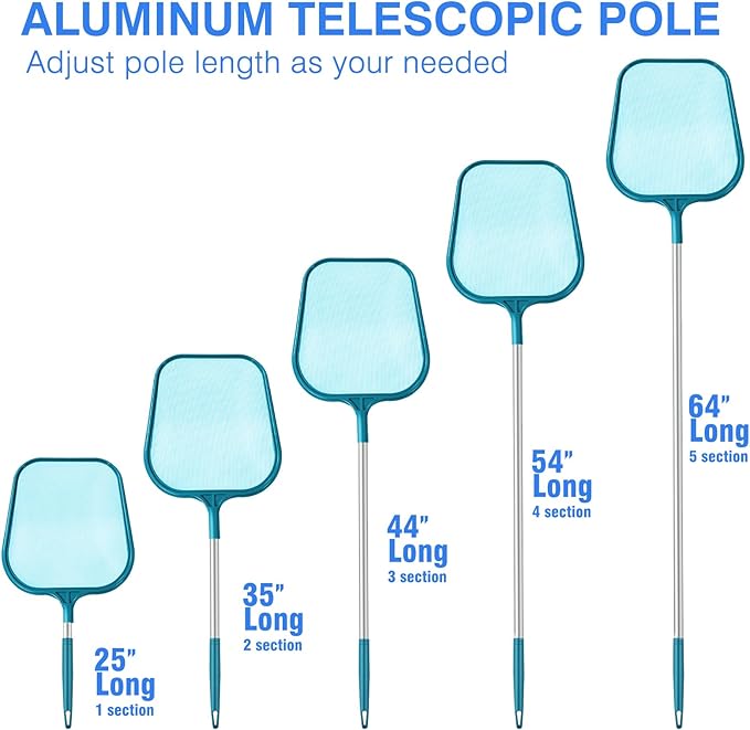 Pool Skimmer - Pool Skimmer Net with 5 Section Detachable Aluminum Telescopic Poles, 25''- 64'', Pool Net Skimmer Rake with Ultra Fine Mesh , Pool Leaf Skimmer for Swimming Pools, Spas, Hot Tubs