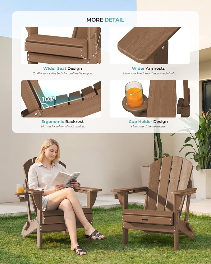 Ciokea Folding Adirondack Chair 4 Pack, Patio Adirondack Chair Weather Resistant, Plastic Fire Pit Chair with Cup Holder, Lawn Chair for Outdoor Porch Garden Backyard Deck (Teak)