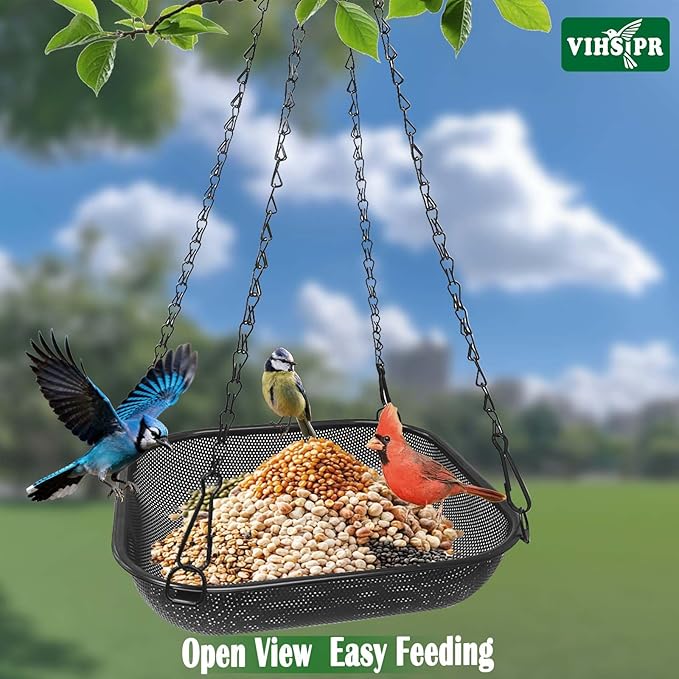 Hanging Bird Feeder for Outdoors – 11 in Square Metal Mesh Bird Feeder Tray Platform for Wild Birds, Black