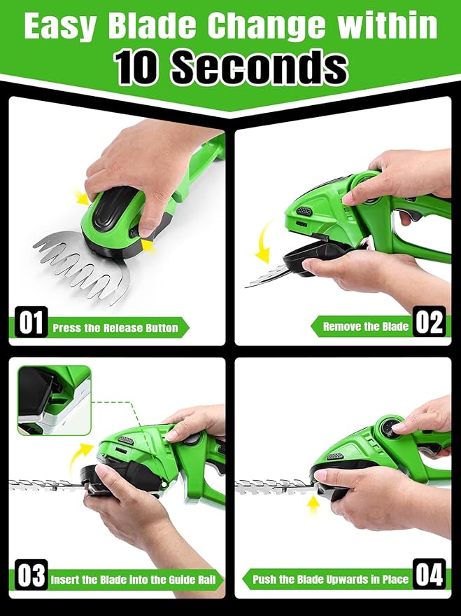 Electric Hedge Trimmer Cordless，2-in-1 2000RPM Handheld Hedge Shears Grass Cutter with 2 Rechargeable Battery and Charger, Shrub Bush Trimmer Grass Shears Gardening Tools for Yard, Lawn (Green)