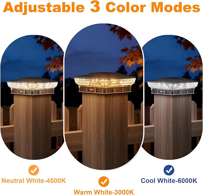 APONUO Solar Post Cap Lights for 4x4 Wood &Vinyl Posts, 3 Light Modes & 800mAh Battery, IP65 Waterproof Rugged Unibody, Solar Outdoor Lights for Fence, Deck & Patio (Black, 6 Pack)