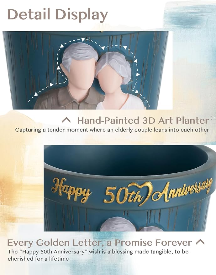 50th Anniversary Wedding Gifts: Hand-Painted Planter Presents for Couple Parents Husband Wife Grandparents - 50th Gold Anniversary Wedding Gifts with Gift Box Happy 50 Years Anniversary Card