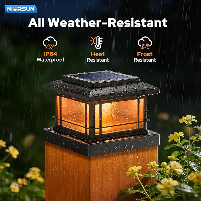 NIORSUN Solar Post Lights Outdoor, Fence Post Solar Lights with Flickering Flame Light & 3 Color Temps, Waterproof, Garden Patio Fence Deck Decor, 4x4 Posts Caps, 4x4, 5x5 Wooden & Vinyl (2Pack,Black)