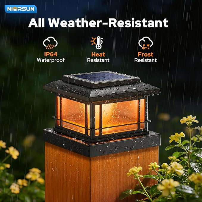 NIORSUN Solar Post Lights Outdoor, Fence Post Solar Lights with Flickering Flame Light & 3 Color Temps, Waterproof, Garden Patio Fence Deck Decor, 4x4 Posts Caps, 4x4, 5x5 Wooden & Vinyl (6Pack,Black)