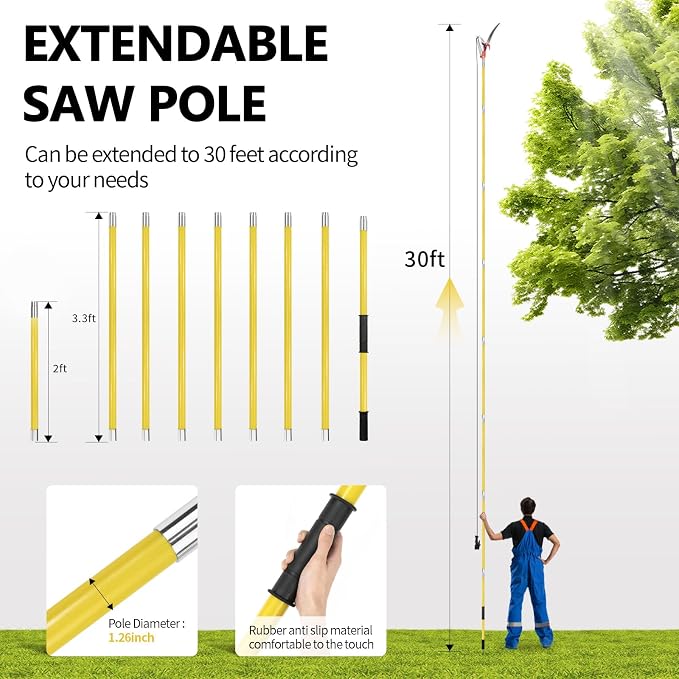 Manual Pole Saw, 30 ft Extendable Tree Pruner, Sharp Steel Blade and Scissors High Branches Trimming, Pole Saws for Tree Trimming, Tree Trimmers Long Handle Pruner