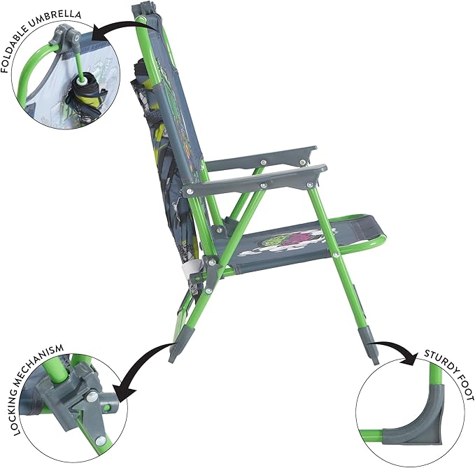 Teenage Mutant Ninja Turtles Kids Outdoor Folding Beach Chair with Umbrella,Portable Camp Chair for Ages 3+, Lightweight & Compact for Beach, Camping, and Backyard