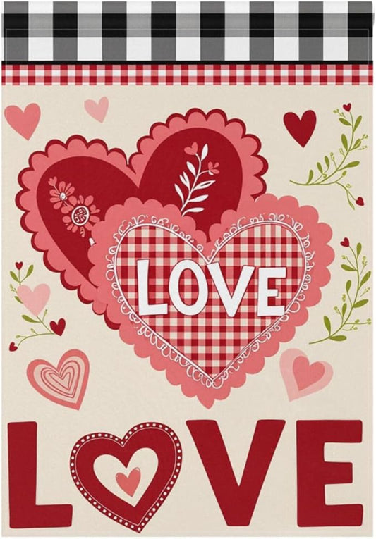 Pfrewn Valentine House Flag 28 x 40 Double Sided, Sweet Love Hearts Plaid Garden Yard Flags Welcome Spring Outdoor Indoor Banner for Wedding Party Home Decorations