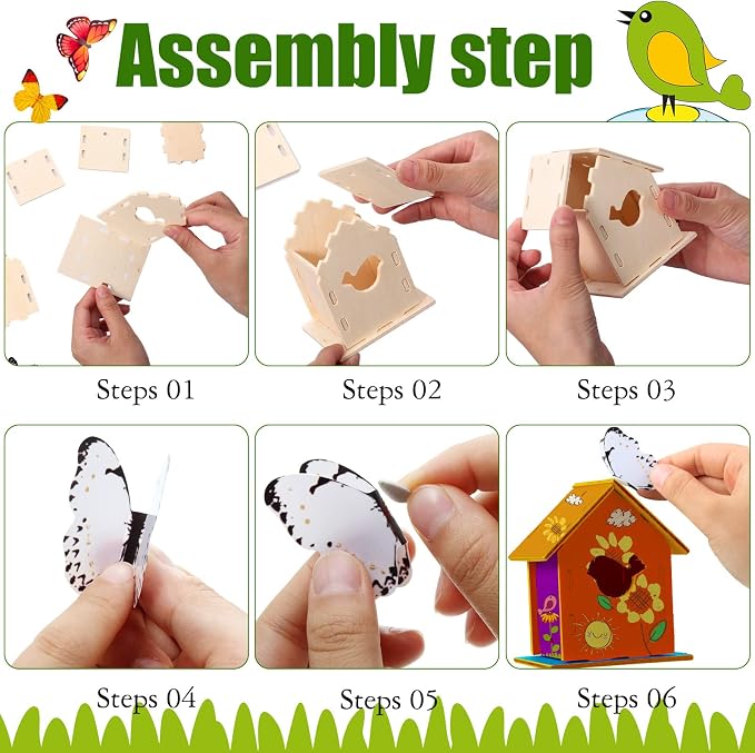 Kisston 272 Pcs DIY Birdhouse Kits for Kids Ages 5-8, 8-12, 120 Wooden Bird Houses Kit in 6 Shapes and 152 Stereoscopic Butterfly Sticker for Children Craft Class Activity Art DIY Project