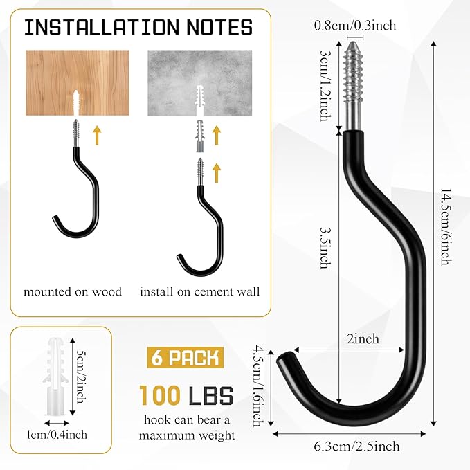 37 Pack Heavy Duty Garage Storage Hooks Set, Steel Wall Mount Garage Hooks with Anti-slip Coating and 12 Adjustable Triangle Straps, Multi-size Organizer for Hanging Bike, Ladder, Garden Tools