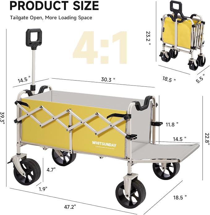 Collapsible Folding Wagon Cart, Heavy Duty Utility Wagons with Tailgate & Wheels,Portable Utility Cart for Camping,Garden,Beach,Sports Yellow