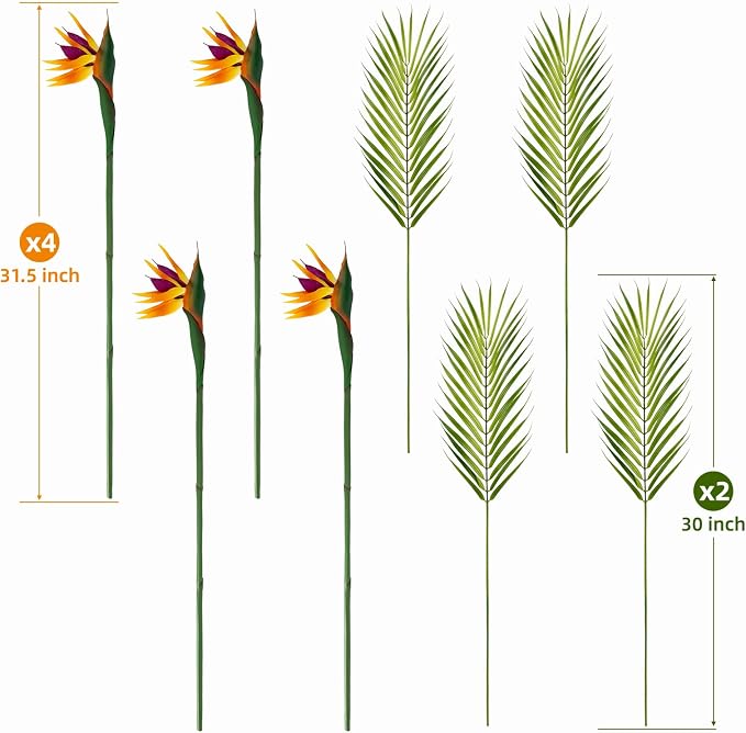 8 PCS Bird of Paradise Artificial Plant Combo Palm Leaves,4 Faux Bird of Paradise Plant with 4 Artificial Palm Leaves for Wedding Garden Office Home Indoor and Outdoor Decor(Yellow)
