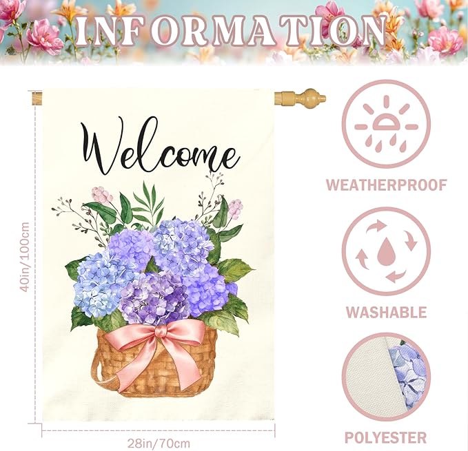 Hydrangea Welcome Garden Flag Large 28x40 Inch Spring Summer Watercolor Floral Outdoor House Banners Blue Purple Hydrangeas Basket Flowers Porch Yard Flags for Outside Seasonal Home Decor