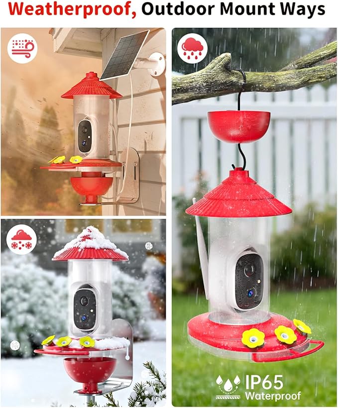 NAVFS Smart Hummingbird Feeder with Camera, 2K AI-Powered Outdoor Hummingbird Camera Feeder with Solar Panel, Auto Capture Videos & Motion Detection, Ideal Gift for Bird Watchers-Red