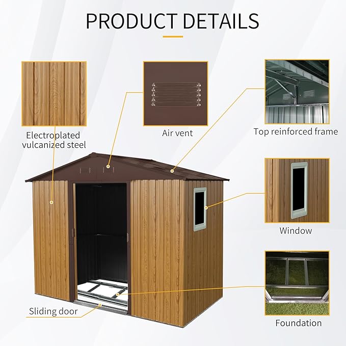 8x4 FT Outdoor Metal Storage Shed with Window, Galvanized Steel Garden Shed, Lockable Sliding Door, Sloped Roof, Ventilated Tool Storage House with Foundation Kit for Backyard Lawn, Coffee