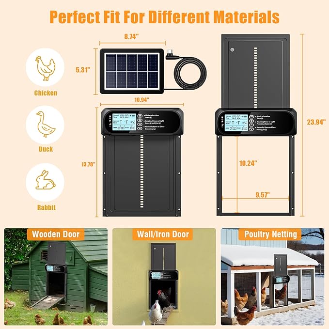 Automatic Chicken Coop Door Solar Powered, LCD Screen Electric Auto Chicken Coop Door with Timer & Light Sensor, Aluminum Rechargeable Automatic Chicken Door Opener with Remote Control & 4 Modes