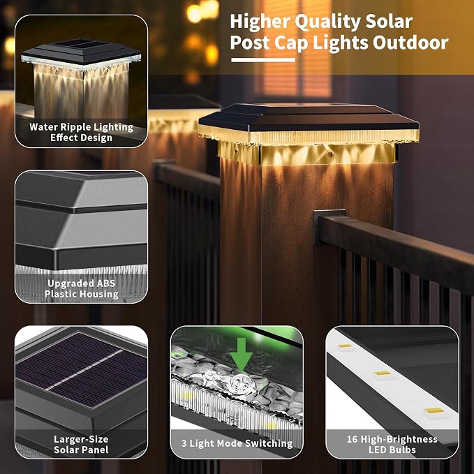4x4 Solar Post Cap Lights Outdoor, 16 LED Fence Post Solar Lights with 3 Light Modes, Deck Post Lights Solar Powered Waterproof Fits 4x4 Posts Vinyl Wooden Posts for Deck Patio(Black, 2 Pack)