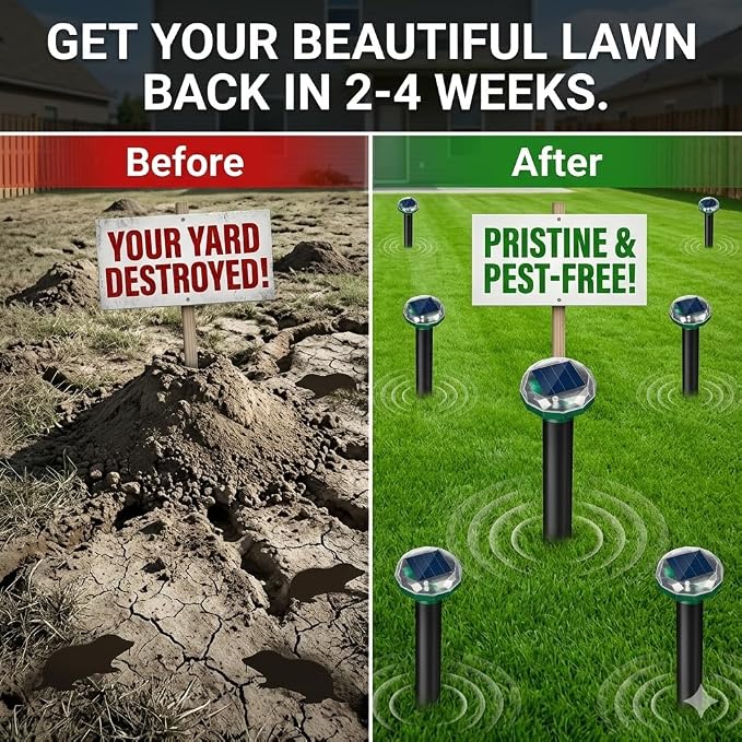 8Pack Solar Powered Mole Repellent for Lawns,IP65 Waterproof Sonic Gopher Repellent for Lawns,Ultrasonic Mole Deterrent Stakes,Get Rid for Groundhog,Woodchuck,Vole,Chipmunk for Yard Garden