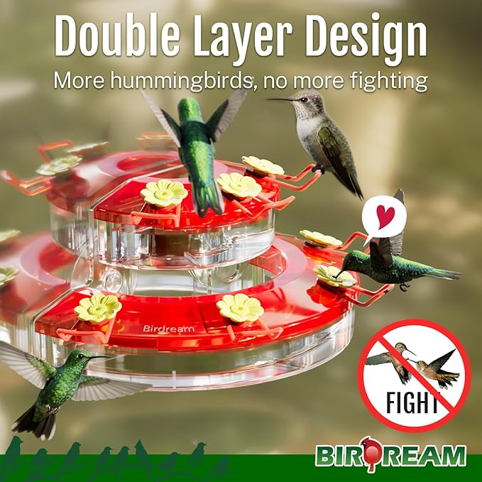 Birdream 2 Pack Window Hummingbird Feeders for Outdoors, with Strong Suction Cups & 7 Feeding Ports, Easy to Refill and Maintain, Gift for Bird Lover, Plastic Bird Feeder, 10oz Per Pack - Red