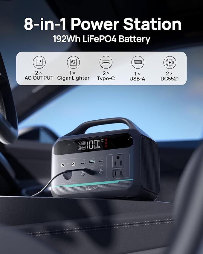 Portable Power Station 300W, 192Wh Large Power Bank with 110V AC Outlet, LiFePO4 Battery Backup,8-Ports Solar Generator Fast Charging for Camping, Hurricane Emergency, Outdoor,Home